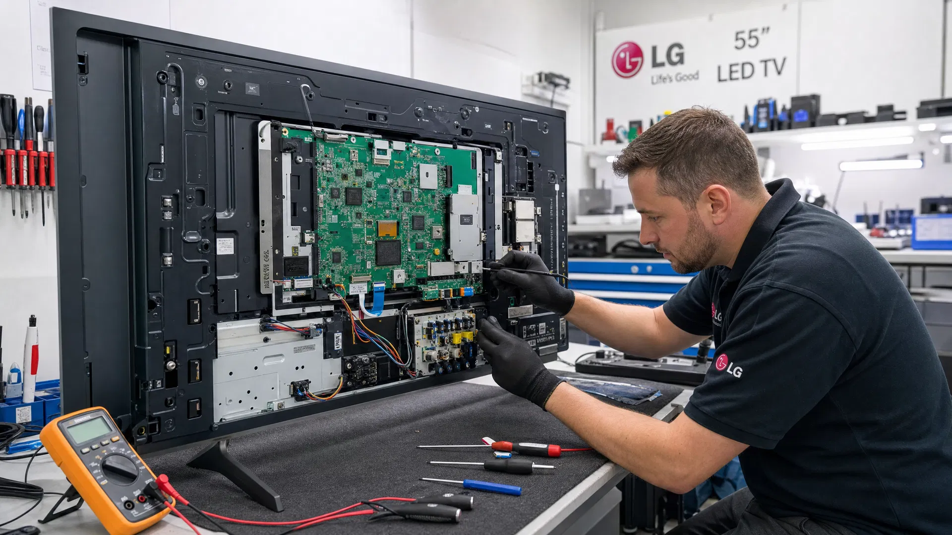 Conserto de TV em Curitiba — técnico da Fast Fix reparando a placa e o backlight de uma TV na bancada